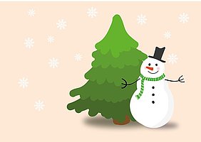 Christbaum mit Schneemann und Schneeflocken